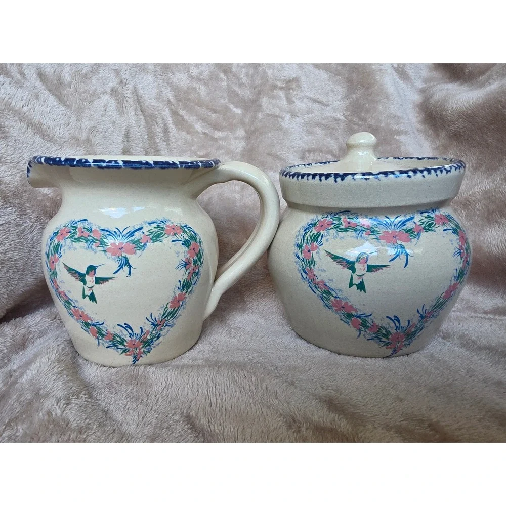 Home & Garden Party Stoneware Hummingbird Pitcher and Sugar Bowl Set 1998 1999